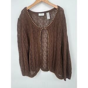 Vtg Villager Woman 2X Brown Crochet Wood Beaded Cardigan Sweater Hippie Boho Y2K
